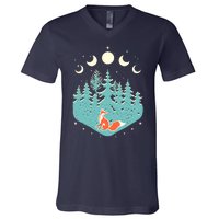 Vintage Moon Phases Forest Fox V-Neck T-Shirt