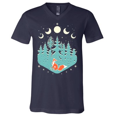 Vintage Moon Phases Forest Fox V-Neck T-Shirt