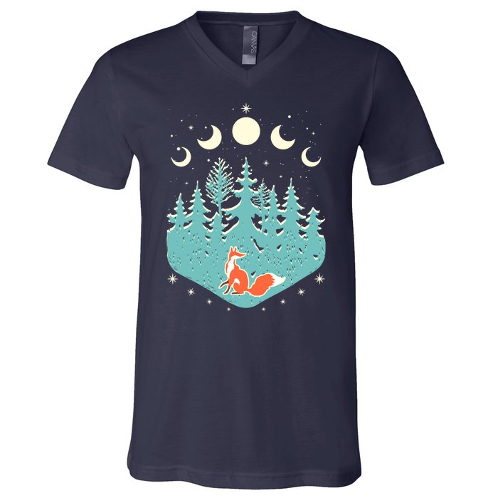 Vintage Moon Phases Forest Fox V-Neck T-Shirt