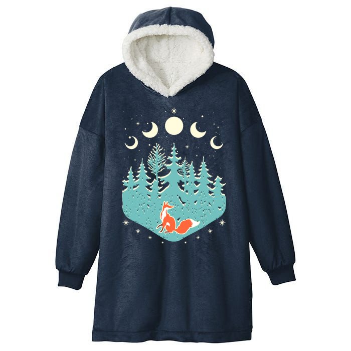 Vintage Moon Phases Forest Fox Hooded Wearable Blanket