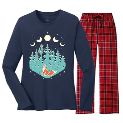 Vintage Moon Phases Forest Fox Women's Long Sleeve Flannel Pajama Set 