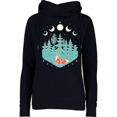 Vintage Moon Phases Forest Fox Womens Funnel Neck Pullover Hood