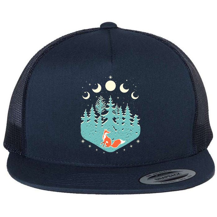 Vintage Moon Phases Forest Fox Flat Bill Trucker Hat