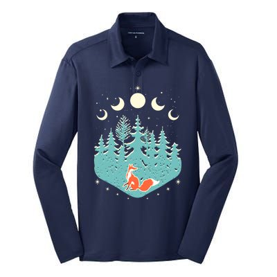 Vintage Moon Phases Forest Fox Silk Touch Performance Long Sleeve Polo