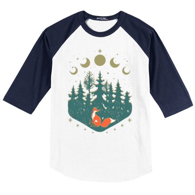 Vintage Moon Phases Forest Fox Baseball Sleeve Shirt