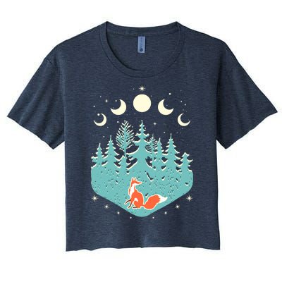 Vintage Moon Phases Forest Fox Women's Crop Top Tee