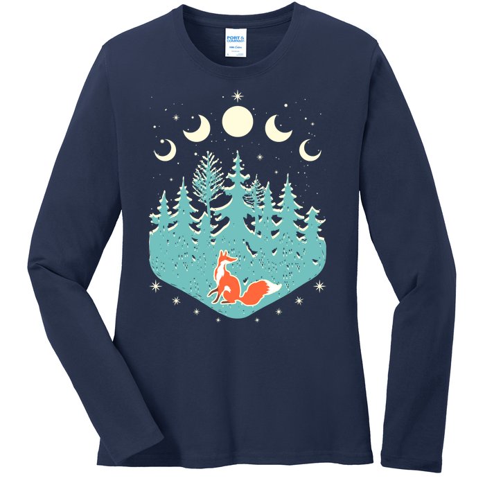 Vintage Moon Phases Forest Fox Ladies Long Sleeve Shirt