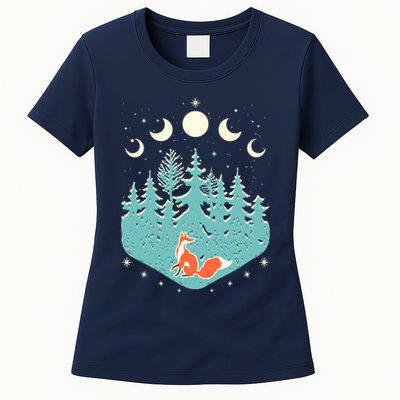 Vintage Moon Phases Forest Fox Womens T-Shirt
