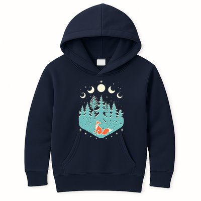 Vintage Moon Phases Forest Fox Kids Hoodie