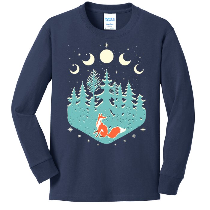 Vintage Moon Phases Forest Fox Kids Long Sleeve Shirt