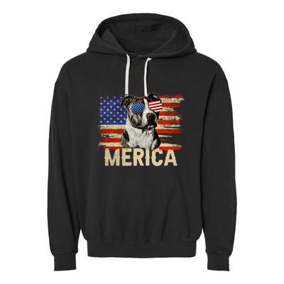 Vintage Merica Pitbull 4th Of July USA Patriotic Sunglasses Garment-Dyed Fleece Hoodie