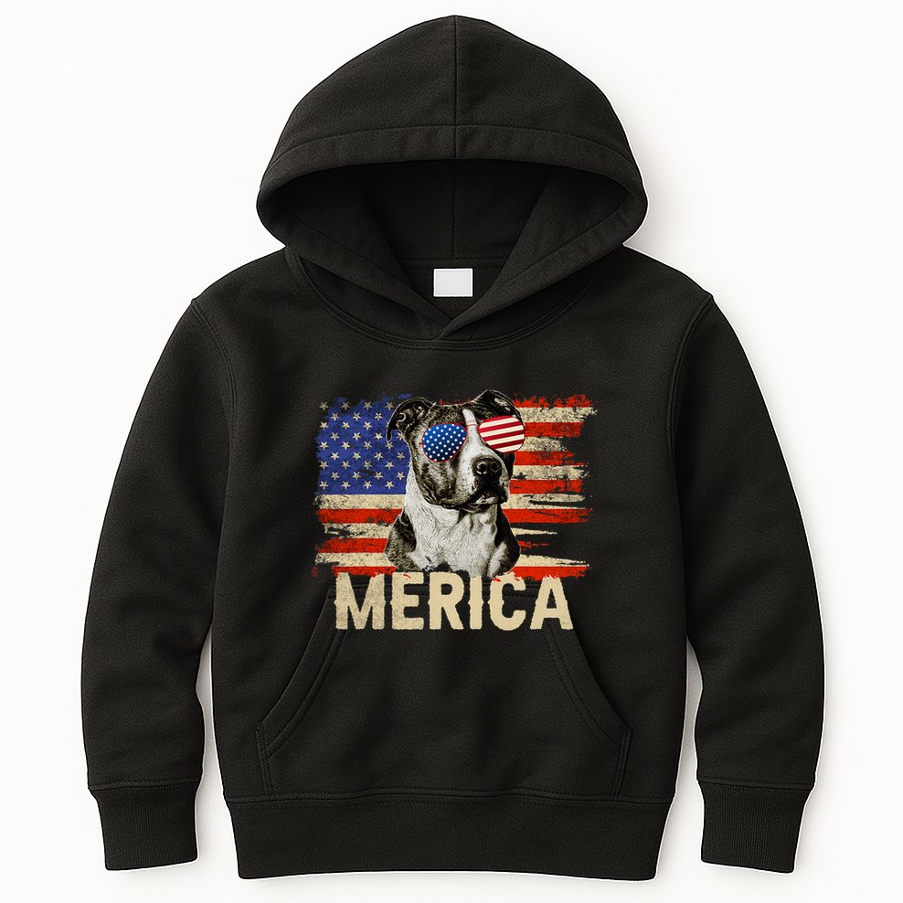 Vintage Merica Pitbull 4th Of July USA Patriotic Sunglasses Kids Hoodie