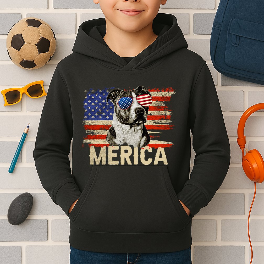 Vintage Merica Pitbull 4th Of July USA Patriotic Sunglasses Kids Hoodie
