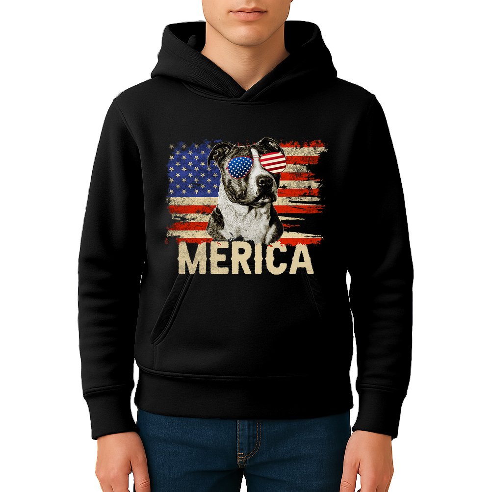 Vintage Merica Pitbull 4th Of July USA Patriotic Sunglasses Kids Hoodie