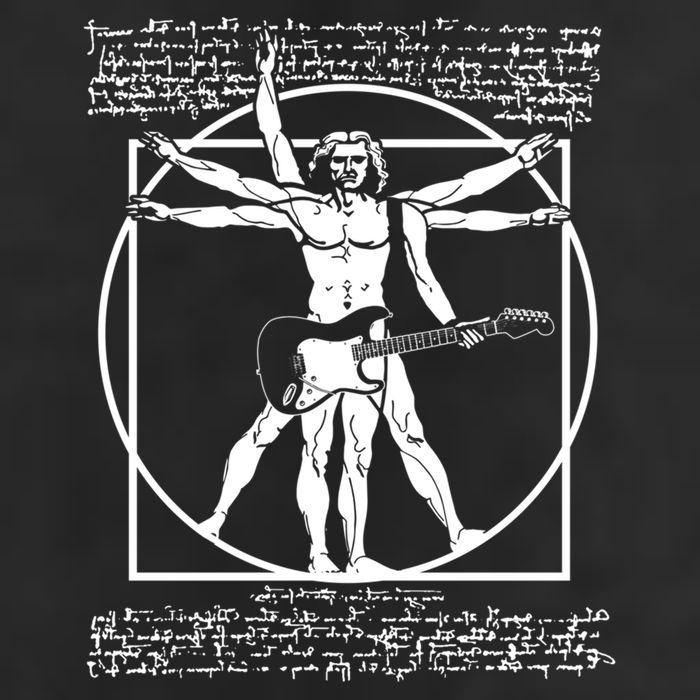 Vitruvian Man Playing The Guitar Da Vinci Guitarist Leonardo Da Vinci Parody 7 Panel Mesh Trucker Snapback Hat