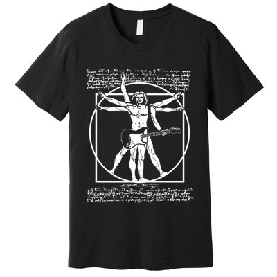 Vitruvian Man Playing The Guitar Da Vinci Guitarist Leonardo Da Vinci Parody Premium T-Shirt