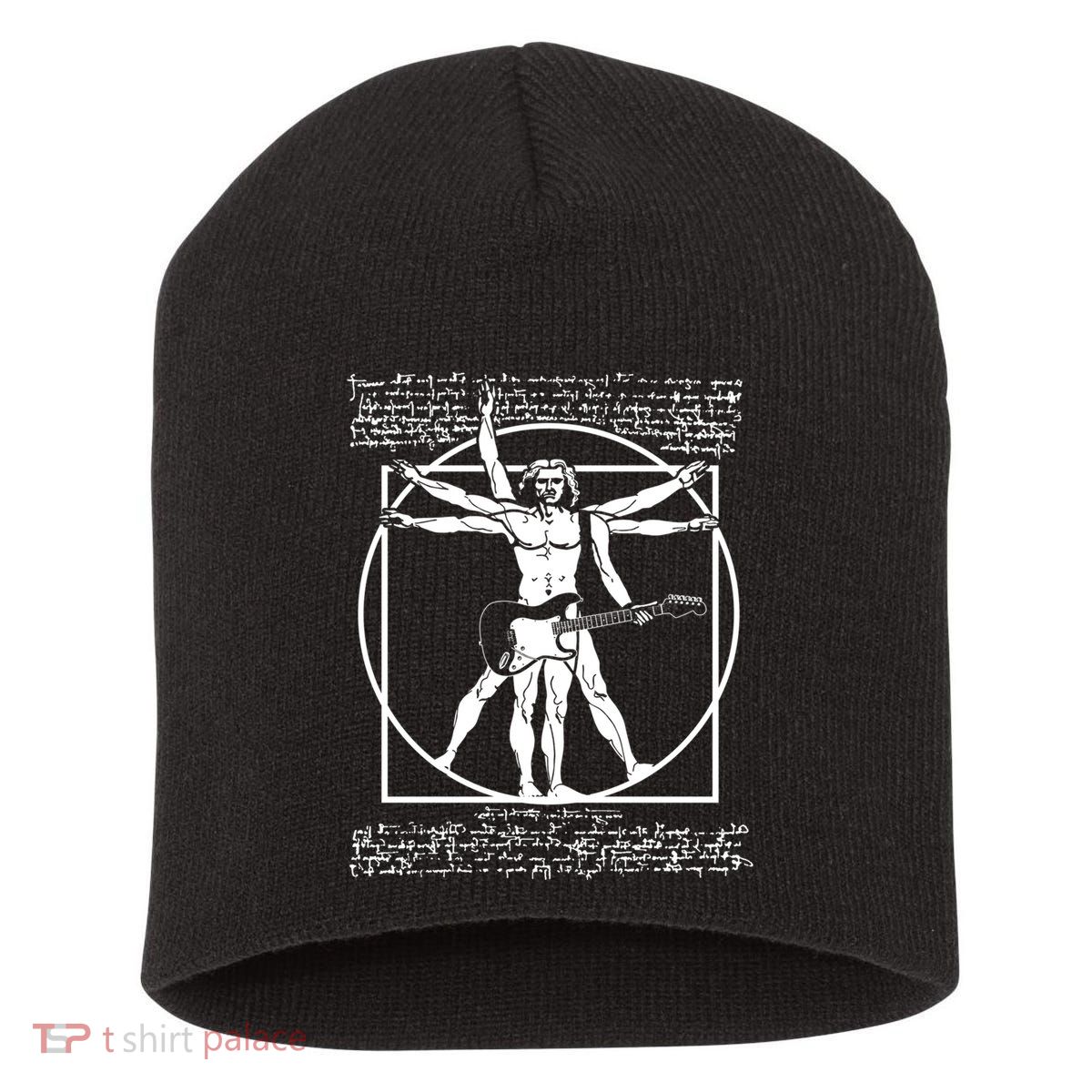 Vitruvian Man Playing The Guitar Da Vinci Guitarist Leonardo Da Vinci Parody Short Acrylic Beanie
