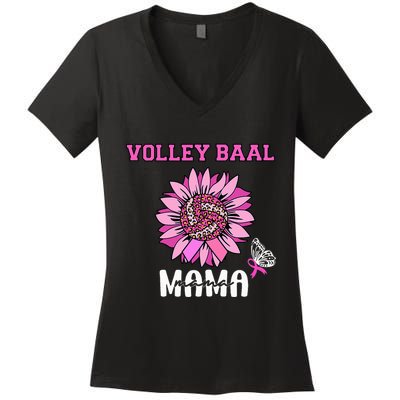 Volleyball Mom Pink Ribbon Breast Cancer Awareness Fighters Women's V-Neck T-Shirt
