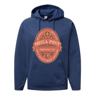 Vintage Mega Pint Hearsay Open 24 7 Brewing Co Alcohol Label Performance Fleece Hoodie