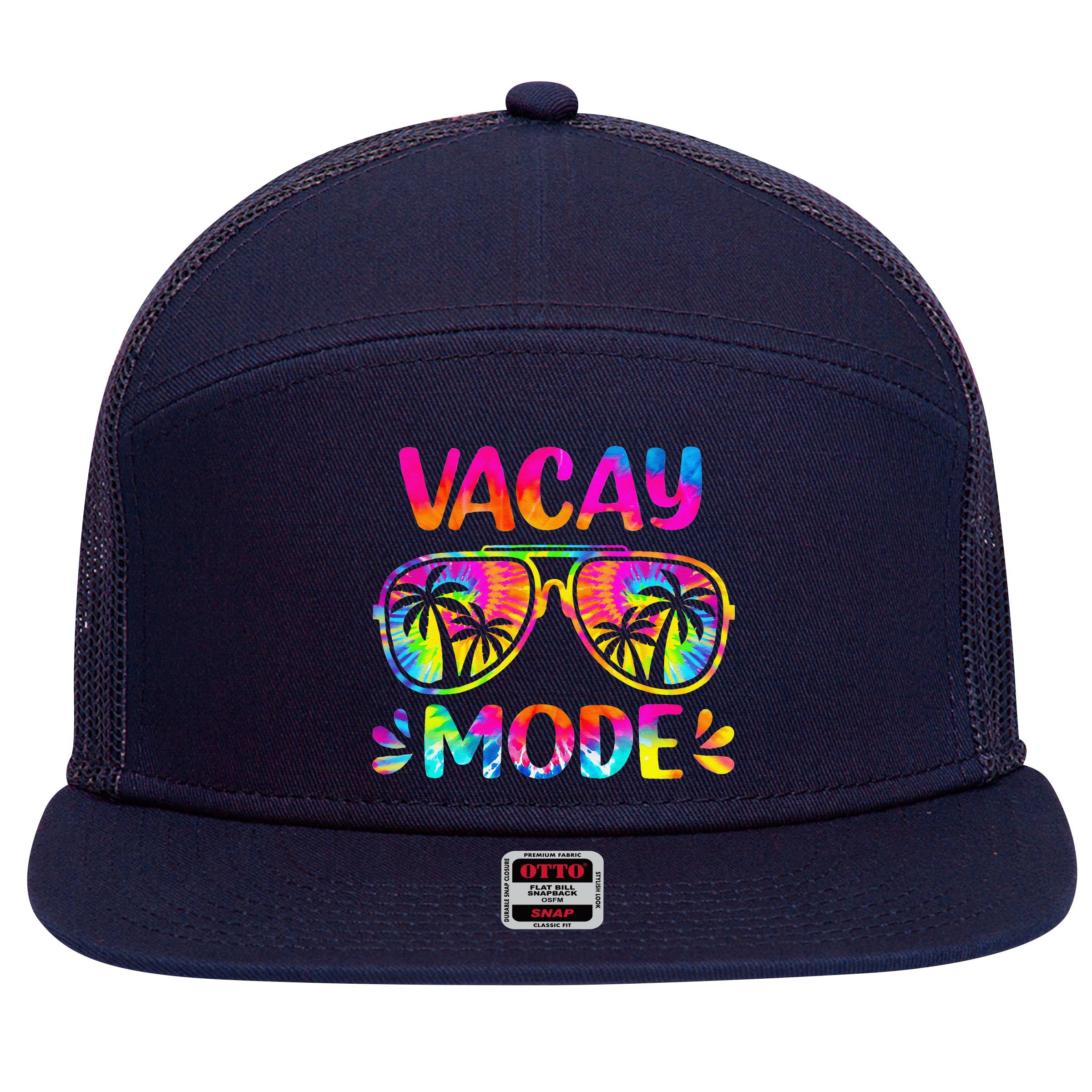 Vacay Mode Palm Tree Beach Vacation Summer Getaway Holiday 7 Panel Mesh Trucker Snapback Hat