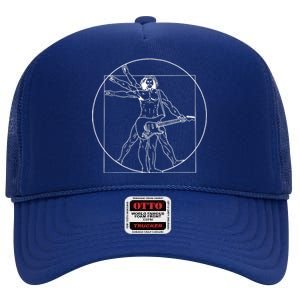 Vitruvian Man Playing Guitar Da Vinci Guitarist Music Lover High Crown Mesh Back Trucker Hat