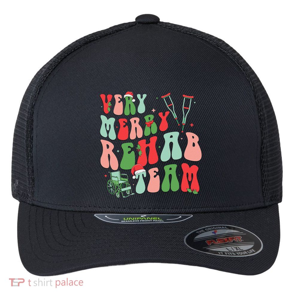 Very Merry Rehab Team Groovy Christmas Flexfit Unipanel Trucker Cap