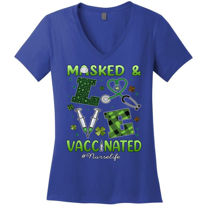 Vaccinated Masked St Patricks Day Nurse Life Healthcare Gift Cute Gift Women's V-Neck T-Shirt