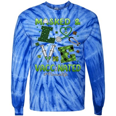 Vaccinated Masked St Patrick's Day Nurse Life Healthcare Gift Tie-Dye Long Sleeve Shirt