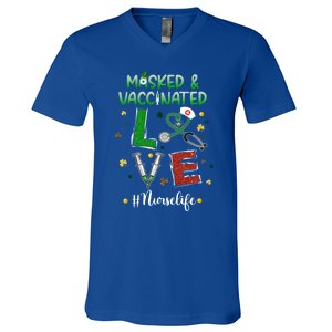 Vaccinated Masked St Patrick's Day Nurse Life Healthcare Gift V-Neck T-Shirt