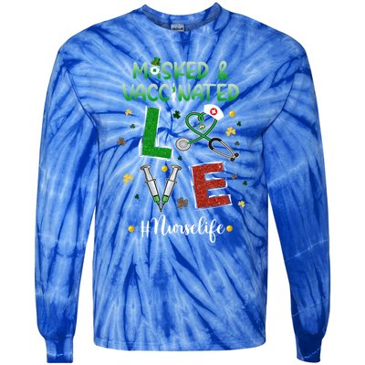 Vaccinated Masked St Patrick's Day Nurse Life Healthcare Gift Tie-Dye Long Sleeve Shirt