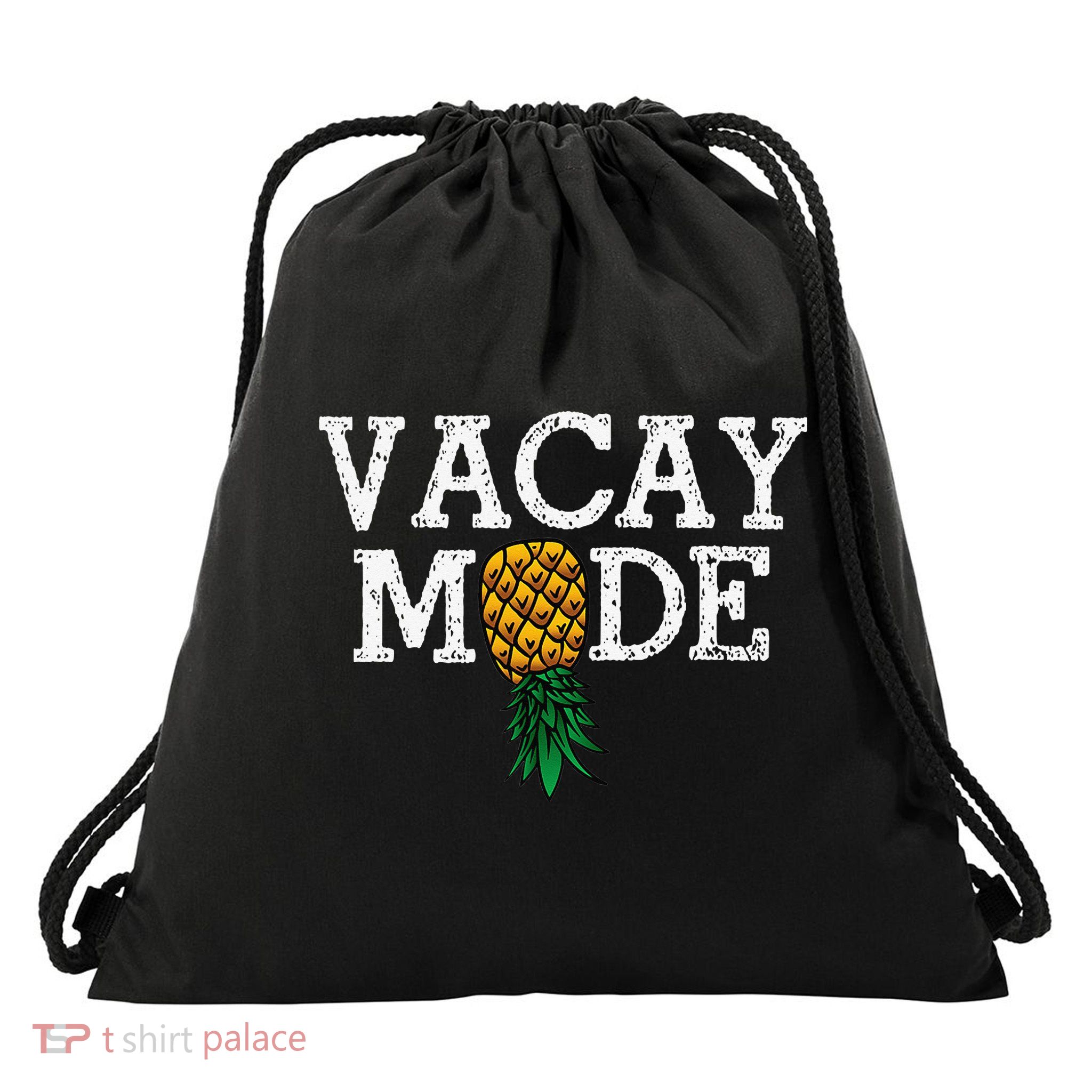Vacay Mode summer vacation upside down pineapple swinger Drawstring Bag