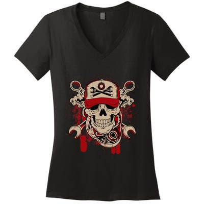 Vintage Mechanic Skull and Wrench Graphic Women's V-Neck T-Shirt