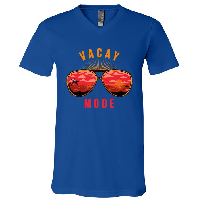 Vacay Mode Summer Vacation Vibes Sunglasses Beach Sunset Gift V-Neck T-Shirt