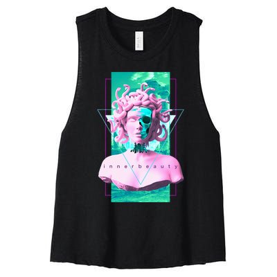 Vaporwave Medusa Statue with Skull Aesthetic Art Retro Women's Racerback Cropped Tank