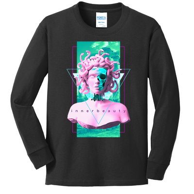 Vaporwave Medusa Statue with Skull Aesthetic Art Retro Kids Long Sleeve Shirt