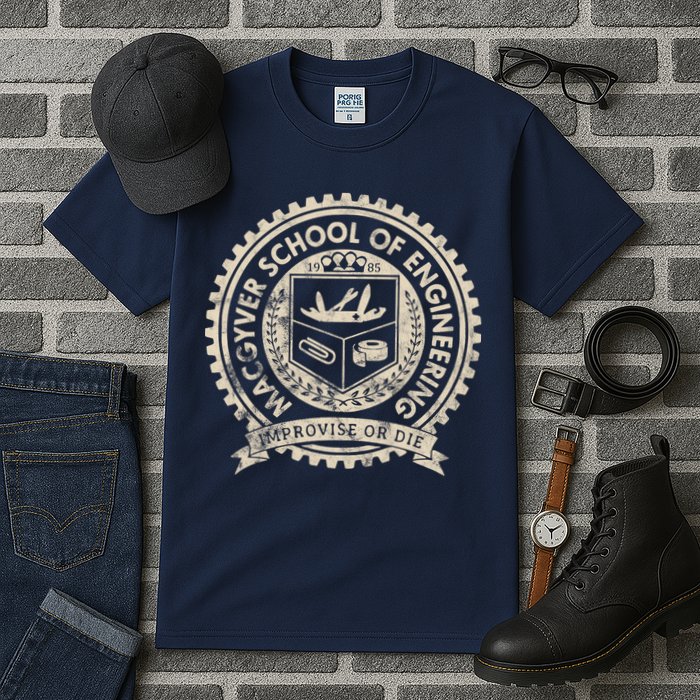 Vintage Macgyver School Of Engineering Improvise Or Die Tall T-Shirt