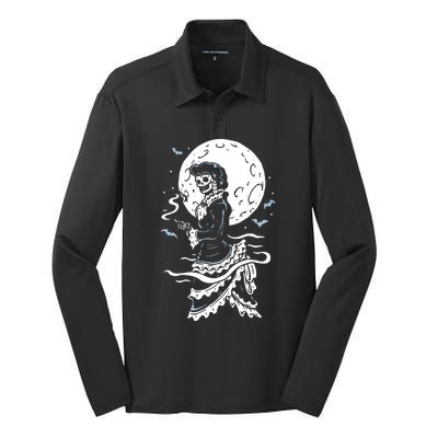 Victorian Moon Skeleton Horror Silk Touch Performance Long Sleeve Polo