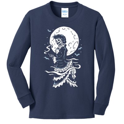 Victorian Moon Skeleton Horror Kids Long Sleeve Shirt