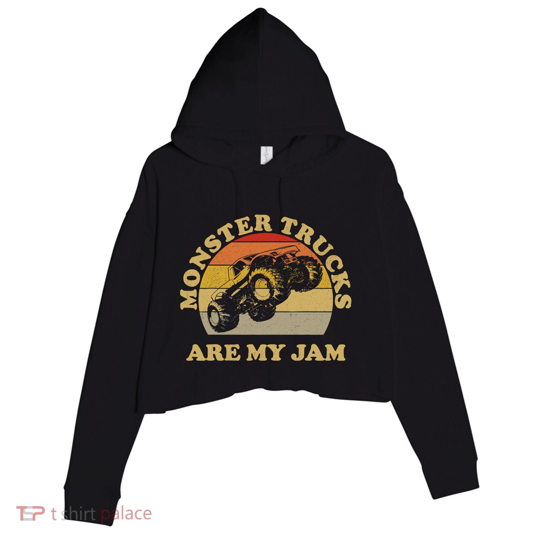 Vintage Monster Trucks Are My Jam Retro Sunset Design Crop Fleece Hoodie
