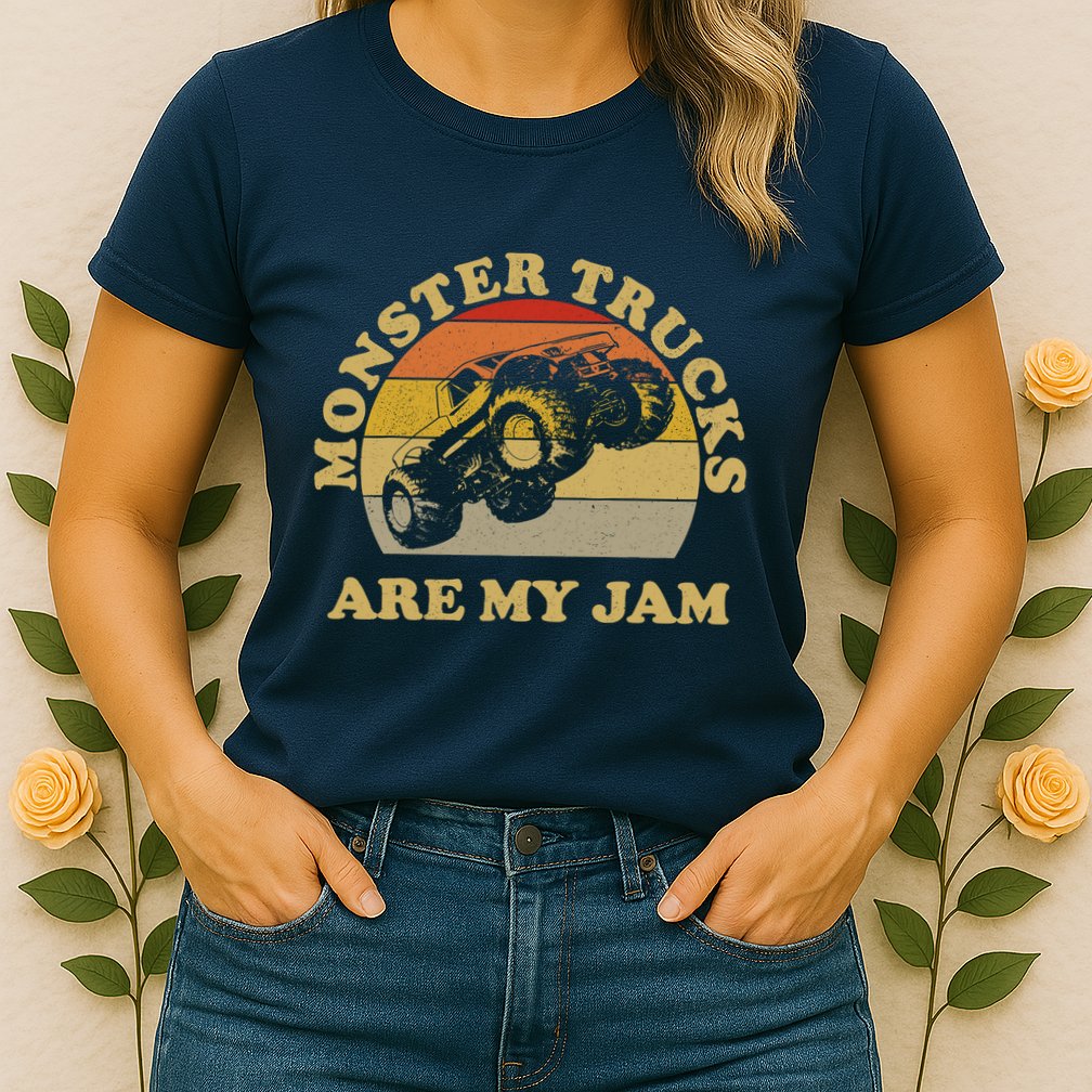 Vintage Monster Trucks Are My Jam Retro Sunset Design Womens T-Shirt