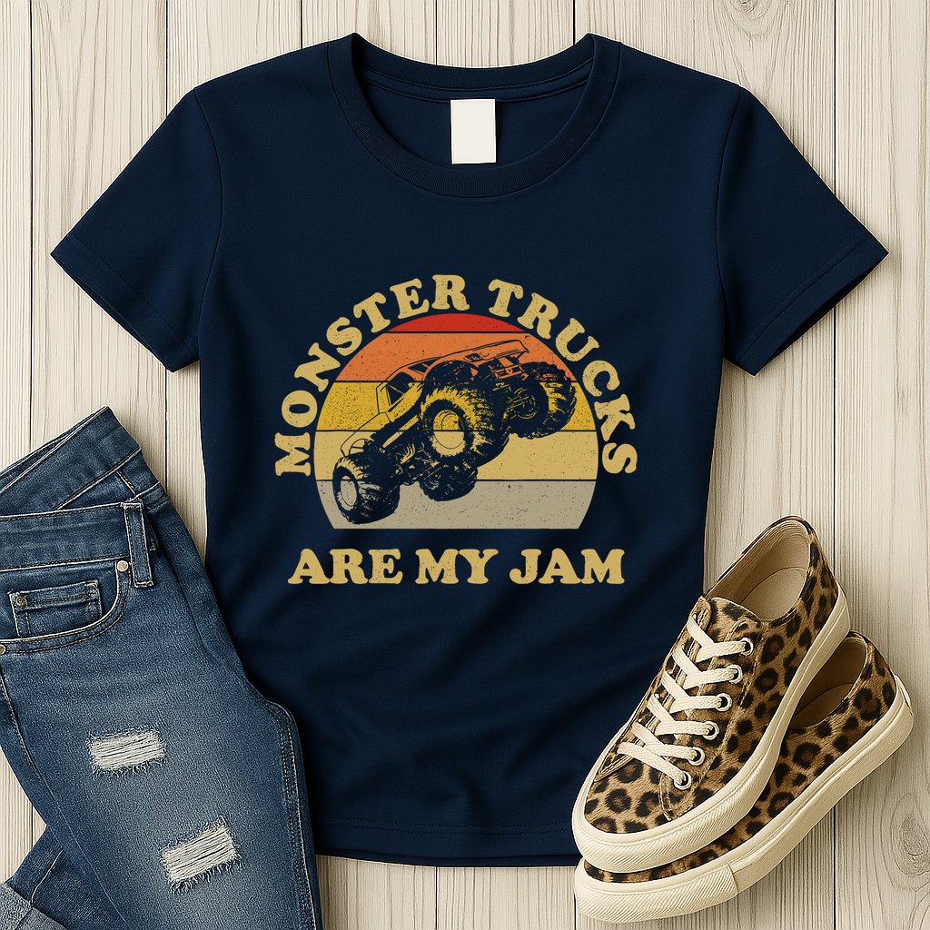Vintage Monster Trucks Are My Jam Retro Sunset Design Womens T-Shirt