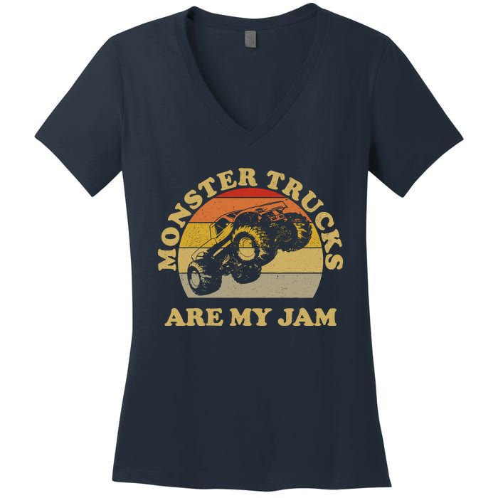 Vintage Monster Trucks Are My Jam Retro Sunset Design Women's V-Neck T-Shirt