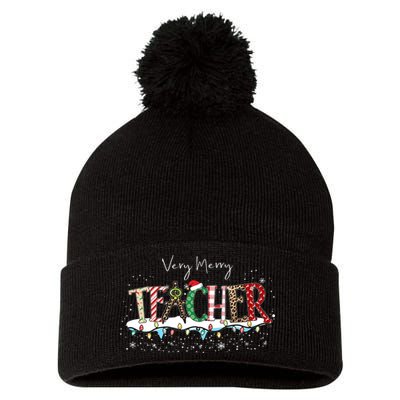 Very Merry Teacher Holiday Christmas Pom Pom 12in Knit Beanie