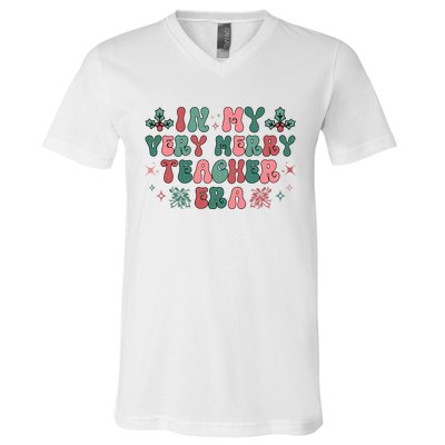 Very Merry Teacher Era Holiday Graphic V-Neck T-Shirt