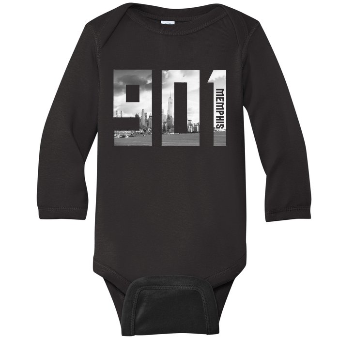 Vintage Memphis Tennessee 901 Area Code Skyline Baby Long Sleeve Bodysuit