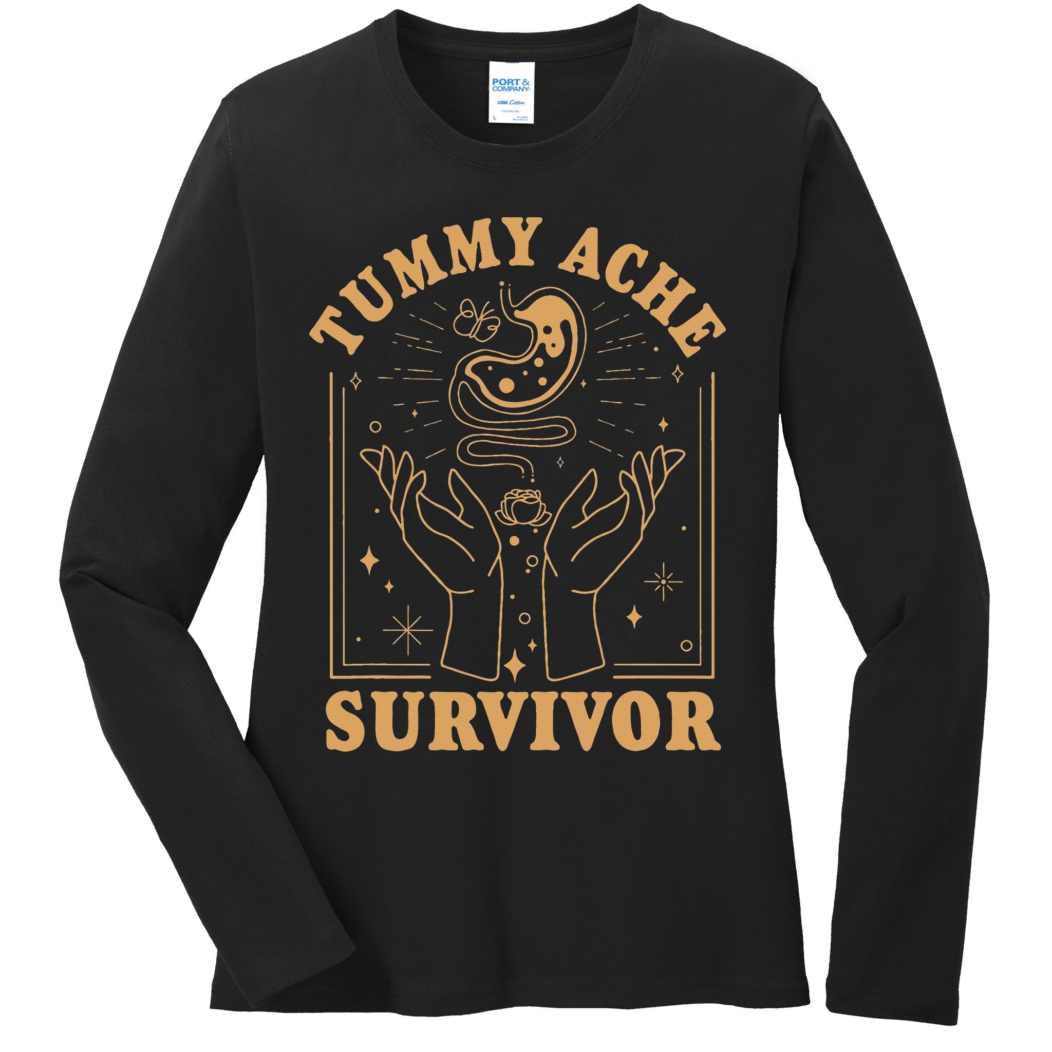Vintage Minimalist Tummy Ache Survivor Funny Saying Ladies Long Sleeve Shirt