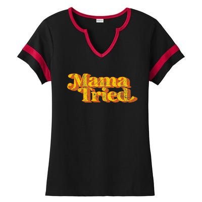 Vintage Mama Tried Country Music Southern Funny Retro 70S Ladies Halftime Notch Neck Tee