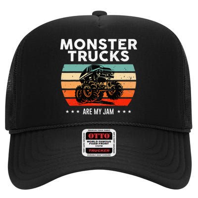 Vintage Monster Truck Are My Jam Retro Sunset Cool Engines High Crown Mesh Back Trucker Hat