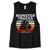 Vintage Monster Truck Are My Jam Retro Sunset Cool Engines Women's Racerback Cropped Tank