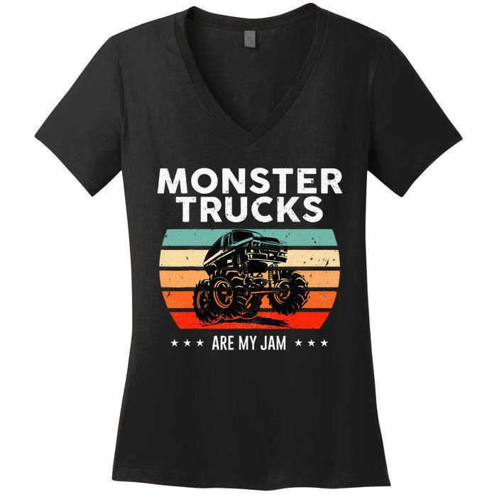 Vintage Monster Truck Are My Jam Retro Sunset Cool Engines Women's V-Neck T-Shirt